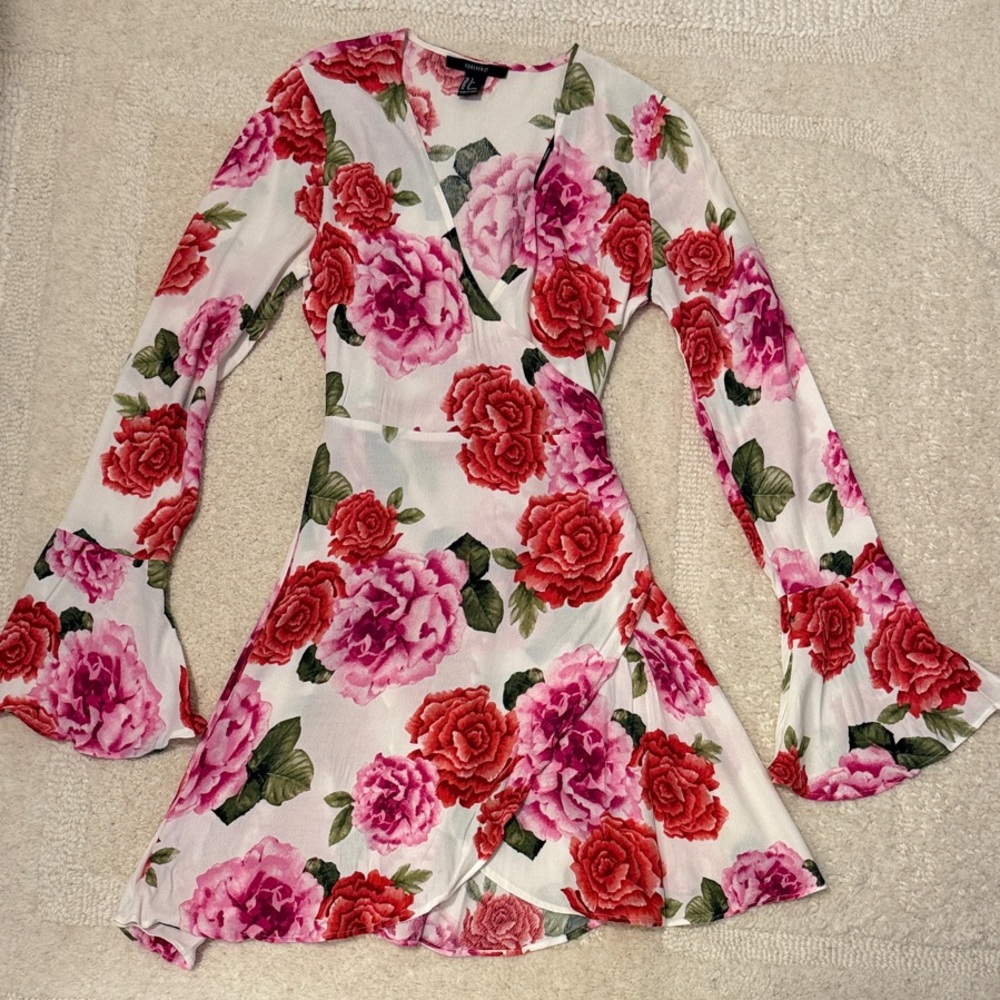 Forever 21 Red and Pink Floral Long Sleeve V Neck Wrap Dress